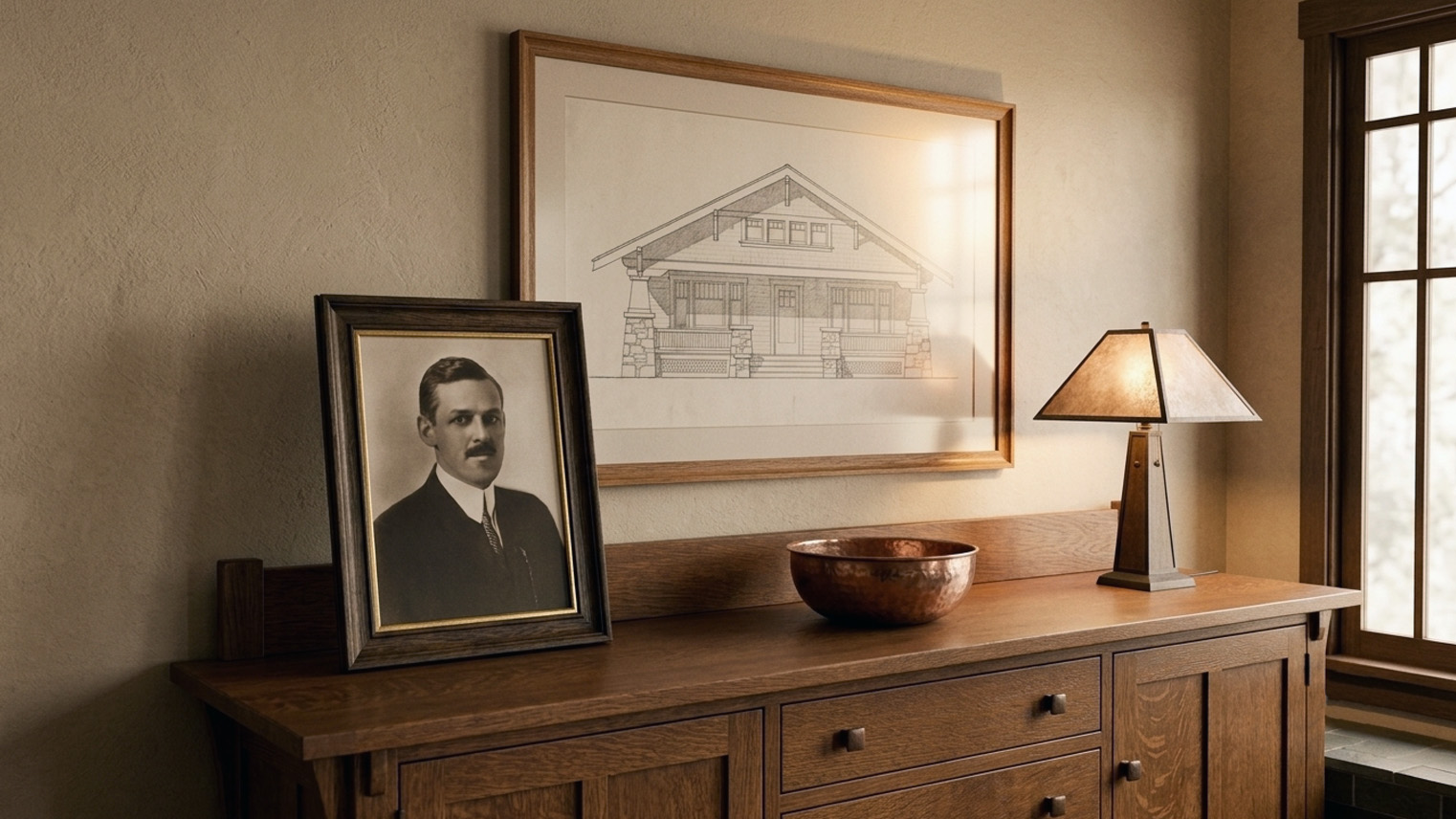 G. Lawrence Stimson portrait on a Craftsman oak sideboard beneath a framed bungalow elevation. AI generated image by Greg Anderson.