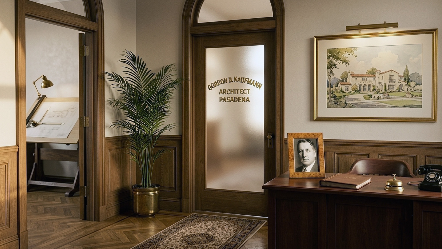 Gordon B. Kaufmann portrait beside his firm's gold lettered frosted glass door, Mediterranean Revival rendering, Pasadena. AI generated image by Greg Anderson.