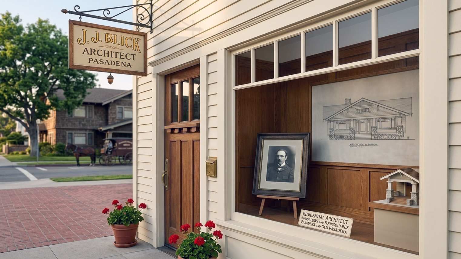 Joseph J. Blick storefront practice in early Pasadena, portrait and Craftsman elevation in the display window. AI generated image by Greg Anderson.