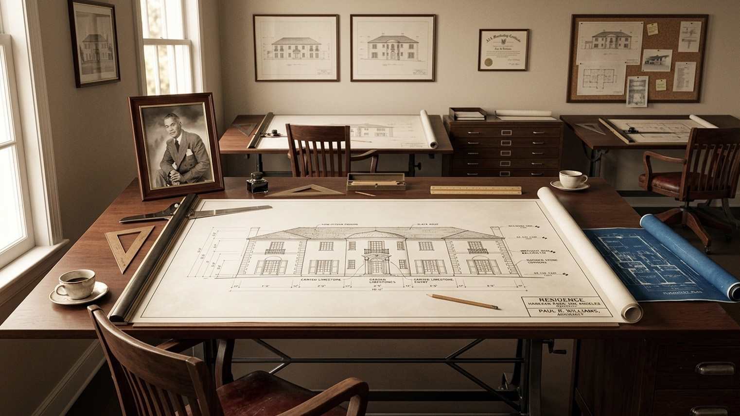 Paul R. Williams portrait at a drafting table, Regency estate elevation drawn to read toward the client's chair. AI generated image by Greg Anderson.