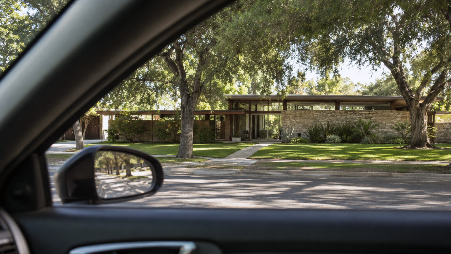 A mid-century post and beam home behind oaks on a San Gabriel Valley street. AI generated image by Greg Anderson.