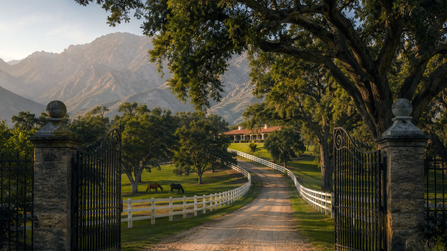 Wrought iron estate gates open in Bradbury, a gravel drive under oaks with white horse fencing, two horses grazing.