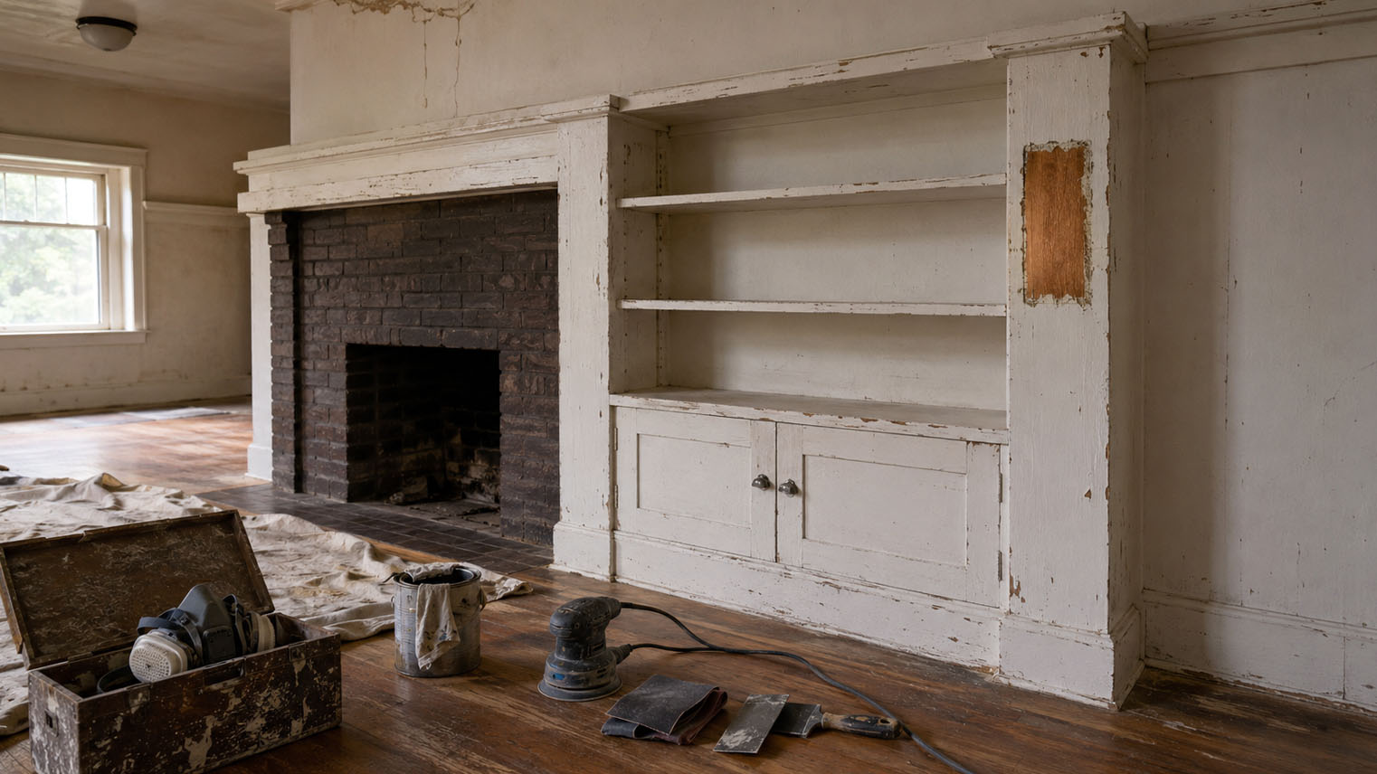 A painted-over Craftsman built-in with one test patch stripped to bare oak. AI generated image by Greg Anderson.