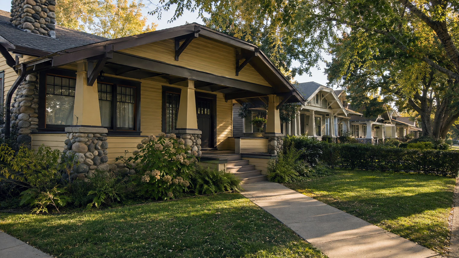 A yellow Craftsman bungalow with river rock porch piers on a tree-shaded block. AI generated image by Greg Anderson.