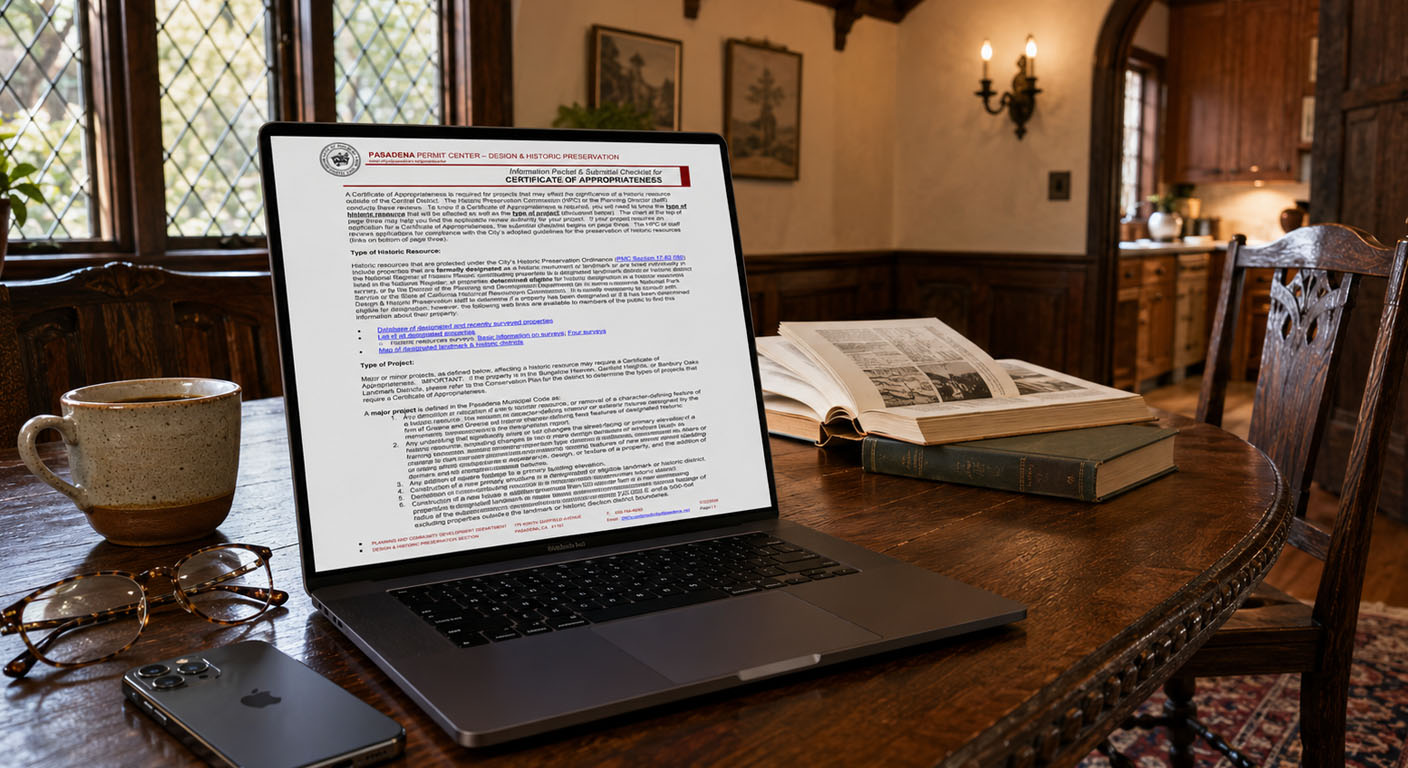 The Certificate of Appropriateness packet open on a laptop in a Tudor Revival home. AI generated image by Greg Anderson.