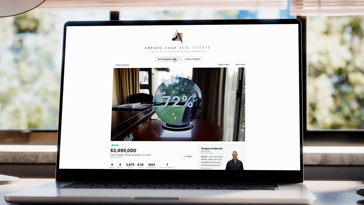The Crystal Ball showing a 72 percent sale probability on an Arroyo Casa property listing.