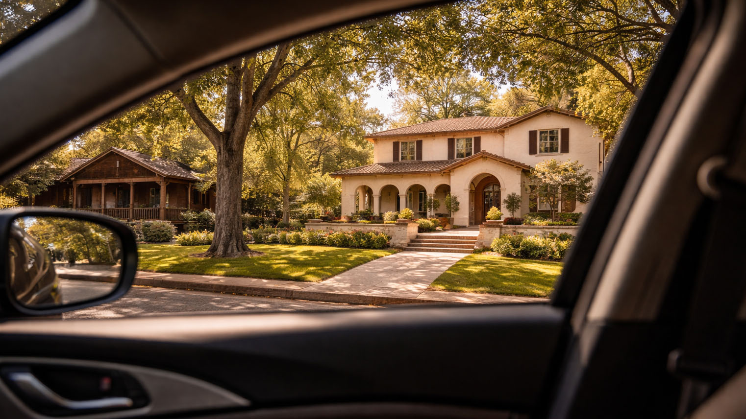 Buyer's view from a parked car across a tree lined San Gabriel Valley street, a Spanish Colonial Revival beside a Craftsman.