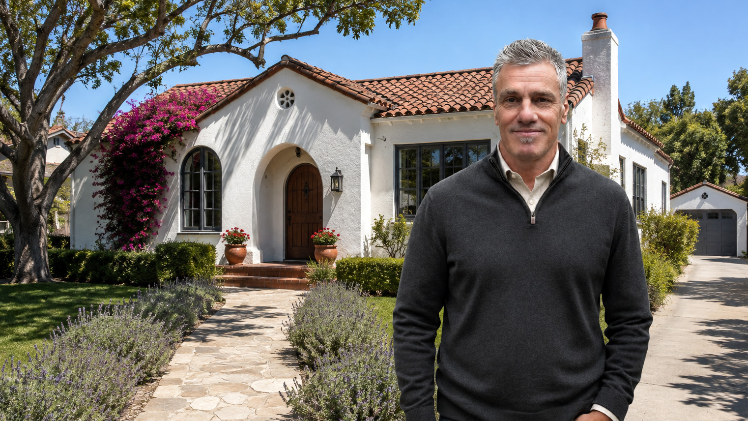 Greg Anderson standing before a modest Spanish Colonial Revival bungalow with a red tile roof and bougainvillea, San Gabriel Valley. AI generated image by Greg Anderson.