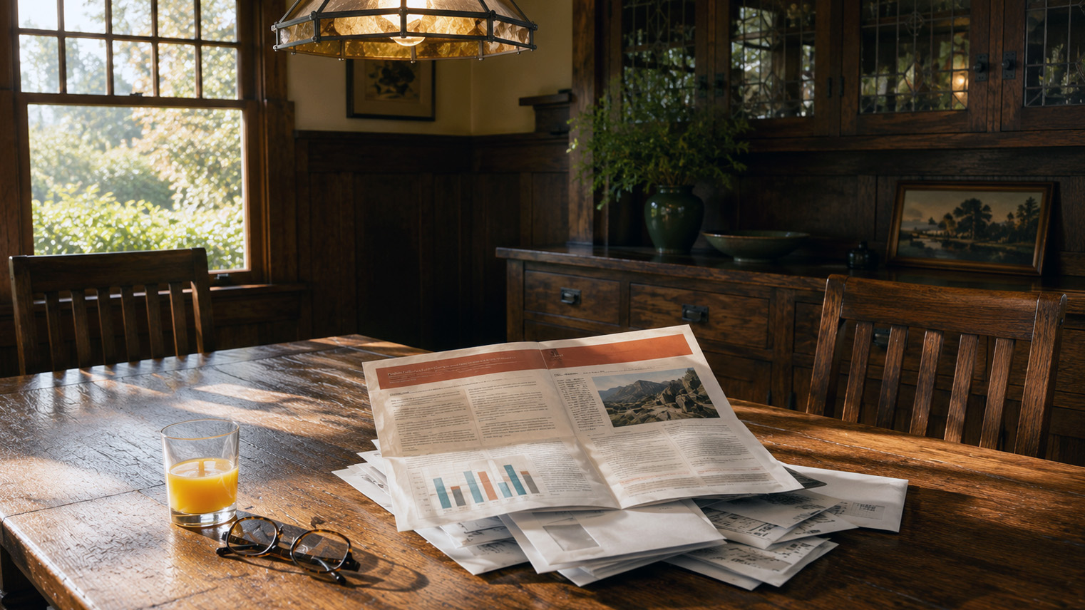 Insurance renewal paperwork on an oak table in a Craftsman dining room. AI generated image by Greg Anderson.