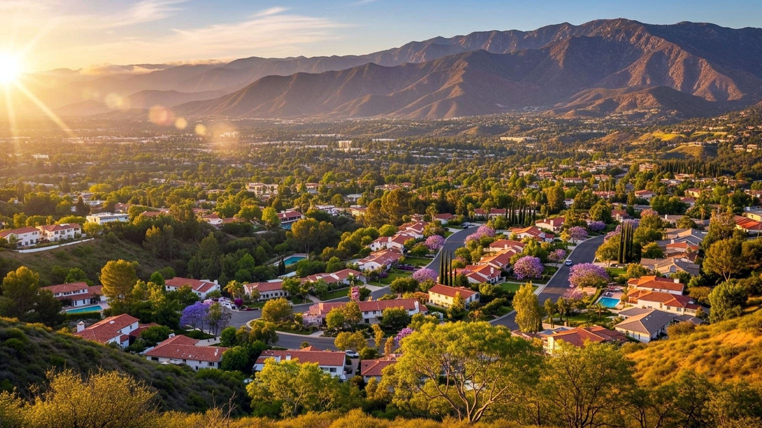 Golden hour aerial over red tile roofed hillsides in La Cañada Flintridge, jacarandas along curving streets.