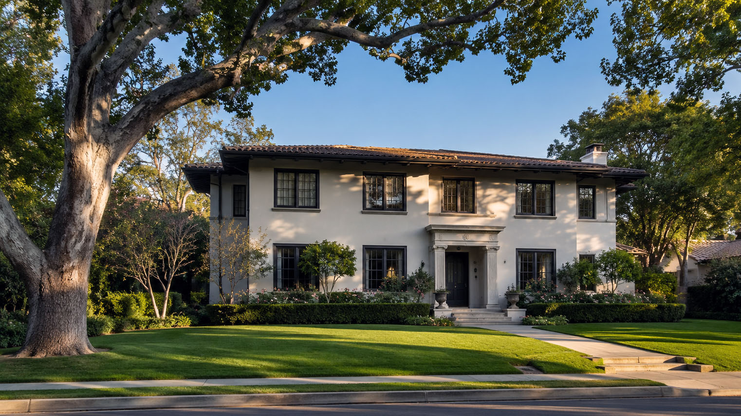 Two story Italian Renaissance Revival home behind a deep front lawn and mature tree in Madison Heights, Pasadena