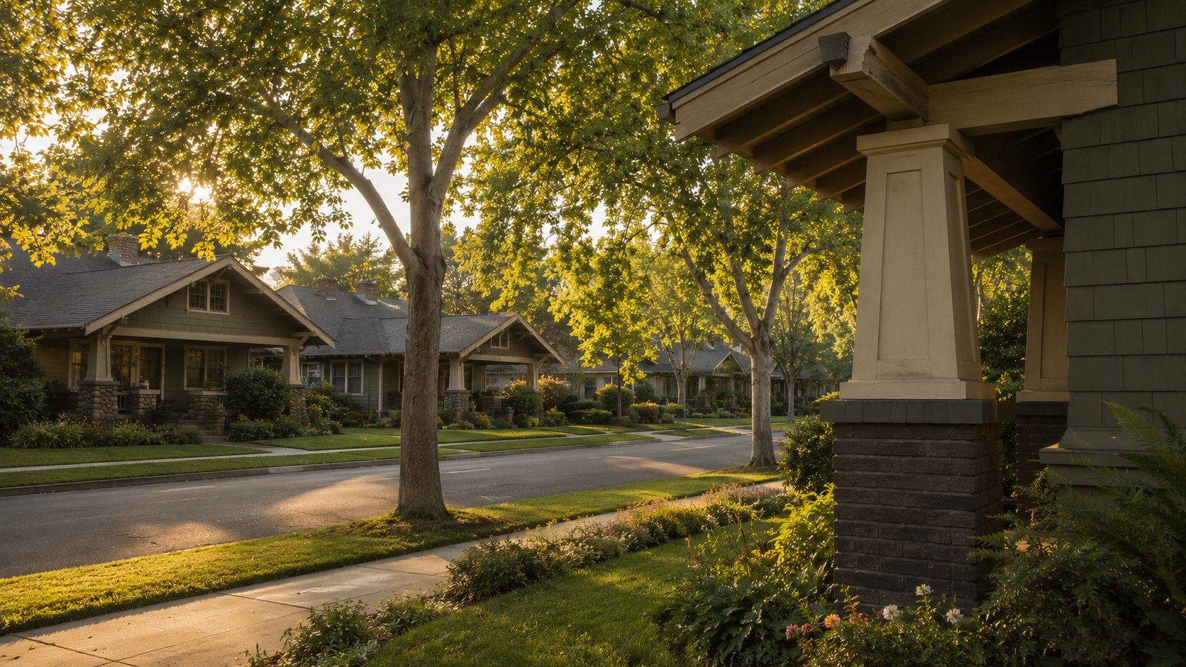 A view from a Craftsman bungalow porch column looking diagonally down a tree-canopied Pasadena residential street at golden hour.