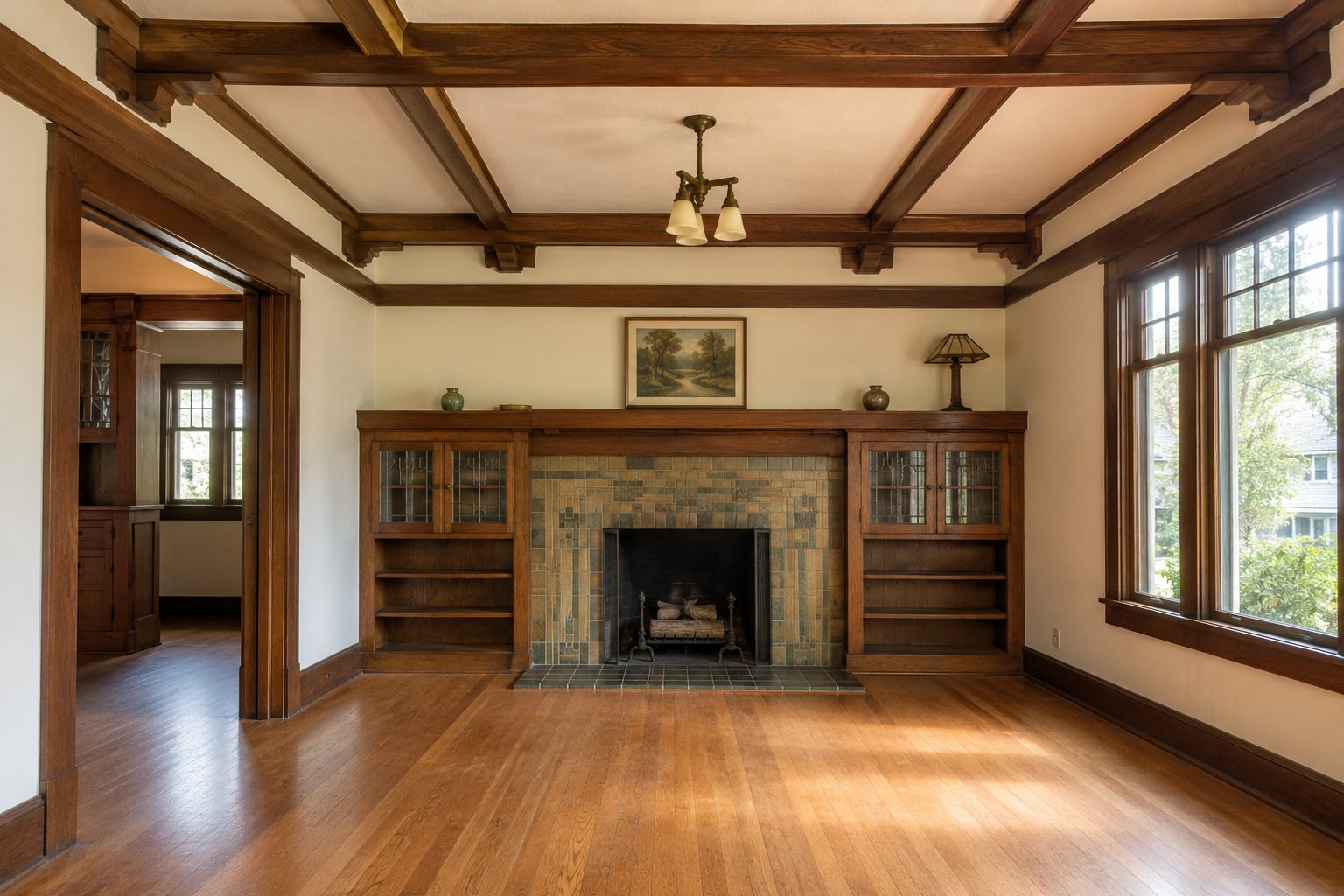 Interior of an original California Craftsman bungalow with coffered wood ceiling, exposed beams, original built-in bookcases with leaded-glass cabinet doors flanking a handmade Arts and Crafts tile fireplace surround, and original hardwood floors.