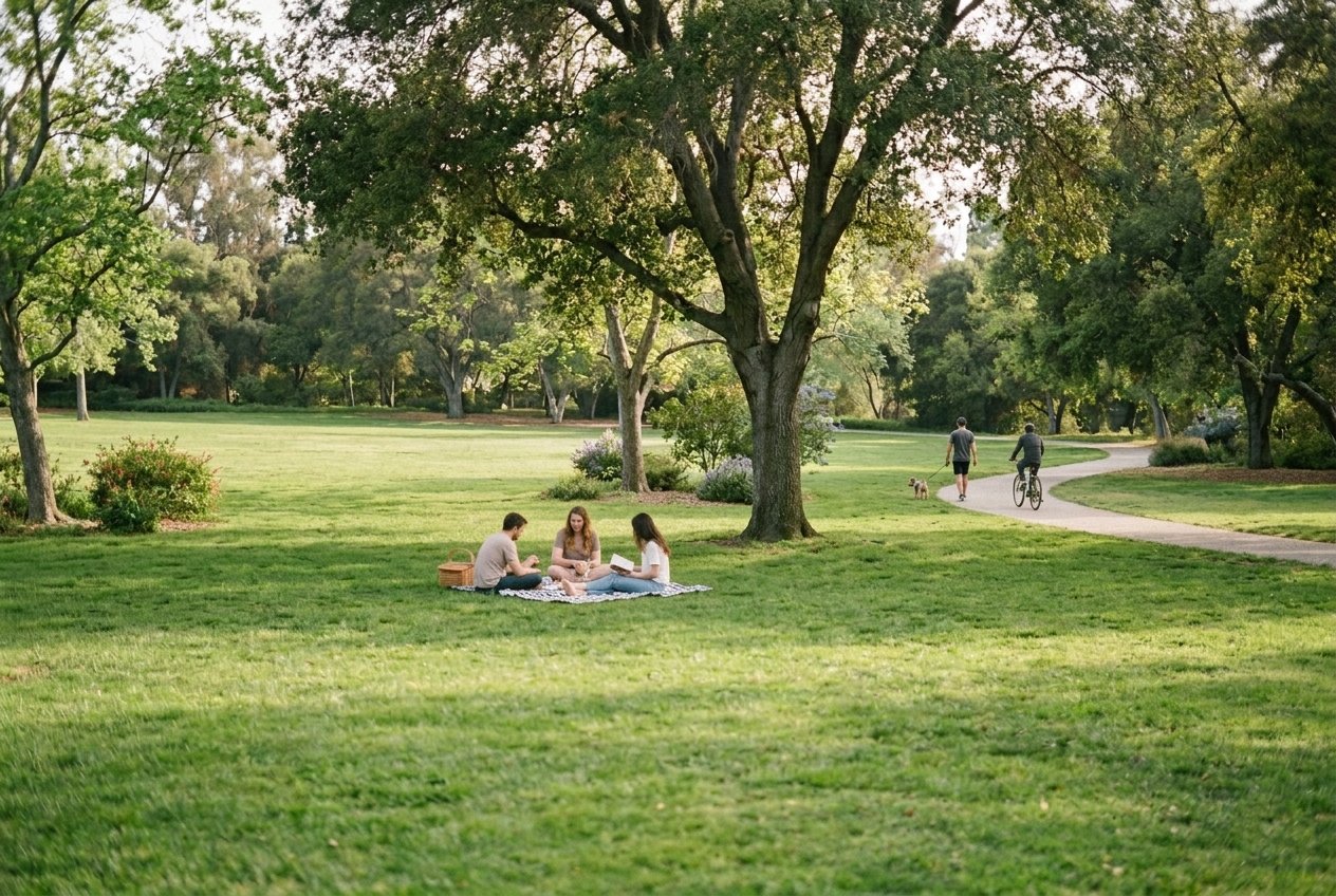 A small group of people picnicking on a wide green lawn in a Pasadena public park on a calm spring afternoon, with a dog walker and cyclist passing along a curving path in the background under a partial canopy of mature trees.