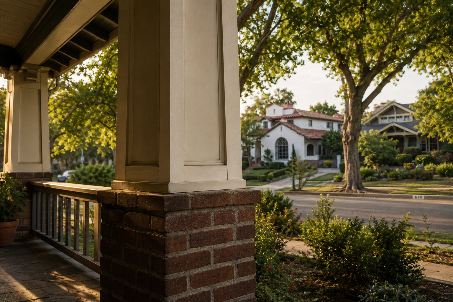 A view from the front porch of a Southern California Craftsman bungalow at golden hour, looking past a tapered porch column on a brick pier toward a tree-canopied residential street with a Spanish Colonial Revival home partially visible across the street.