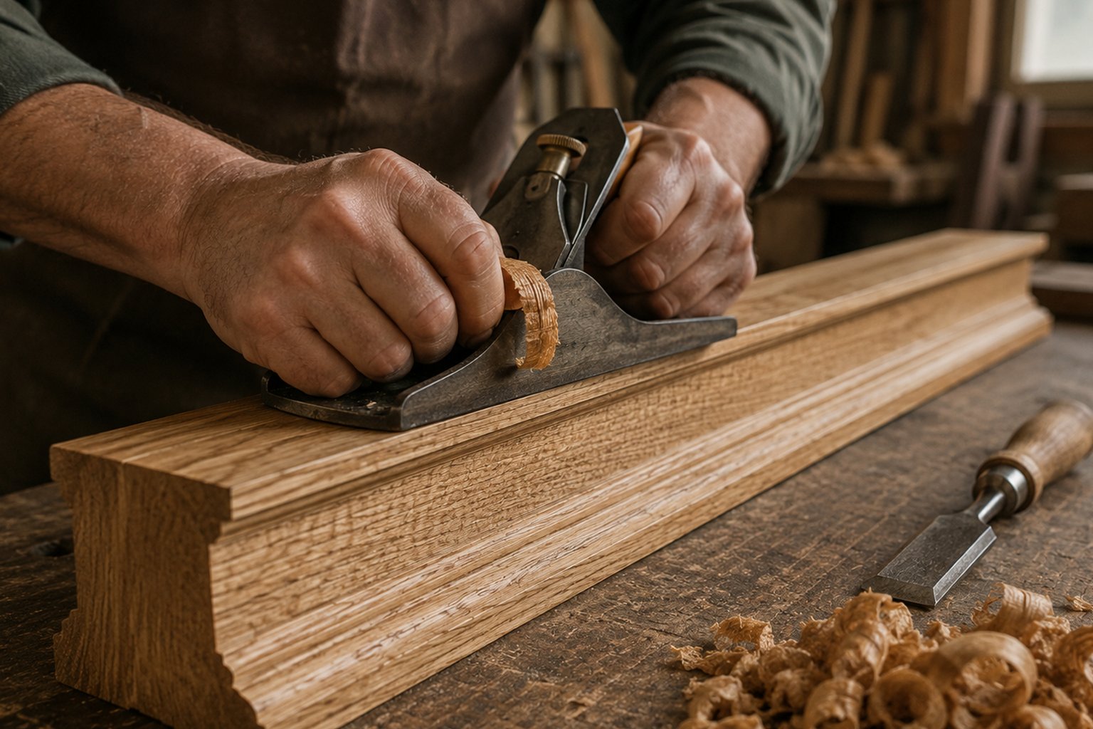 Close-up of a craftsman's hands hand-planing a quarter-sawn oak door casing, with a curl of wood shaving emerging from the plane and the characteristic ray fleck figure of quarter-sawn oak visible in the wood grain.