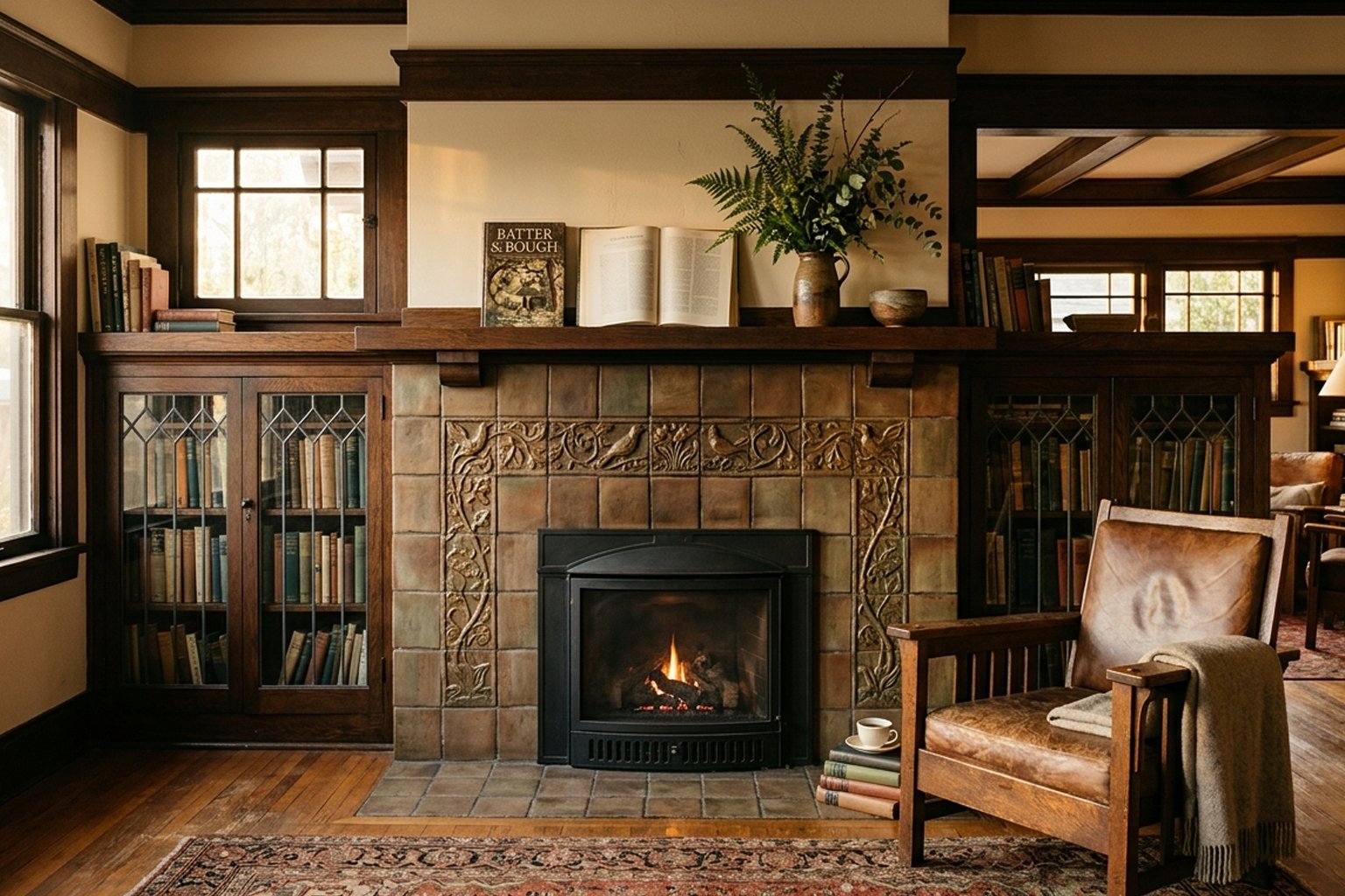 Interior of a Southern California Craftsman bungalow with a handcrafted Arts and Crafts tile fireplace surround flanked by oak built-in bookcases with leaded-glass cabinet doors, a quarter-sawn oak mantel holding an open book and a vase of garden-cut greens, and original hardwood floors lit by late-afternoon sun.