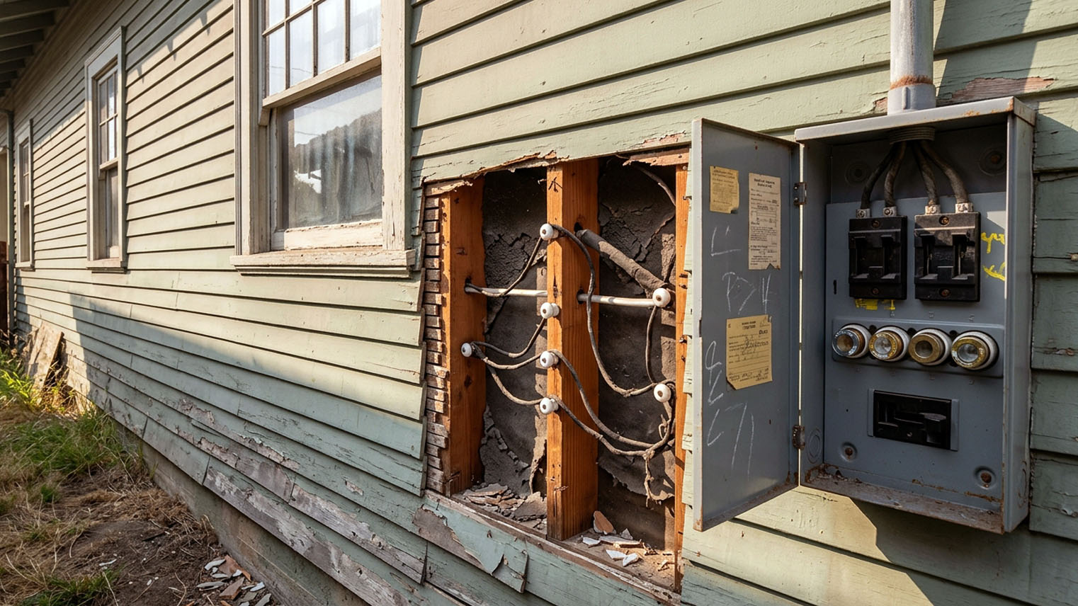 An opened exterior wall exposing knob and tube wiring beside an old fuse panel. AI generated image by Greg Anderson.