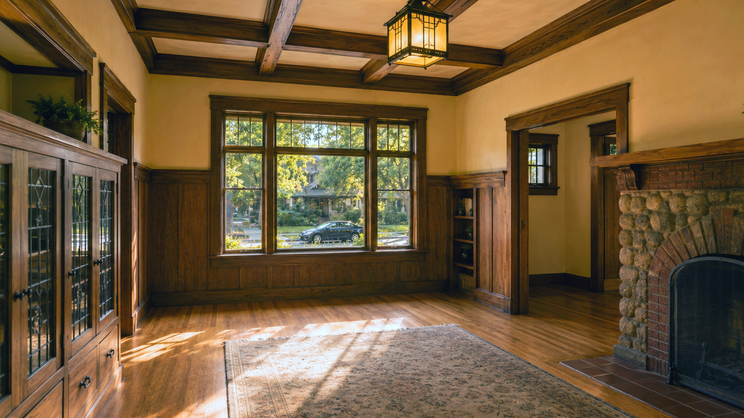 Craftsman living room in the San Gabriel Valley, original woodwork, leaded glass built ins, river rock fireplace.