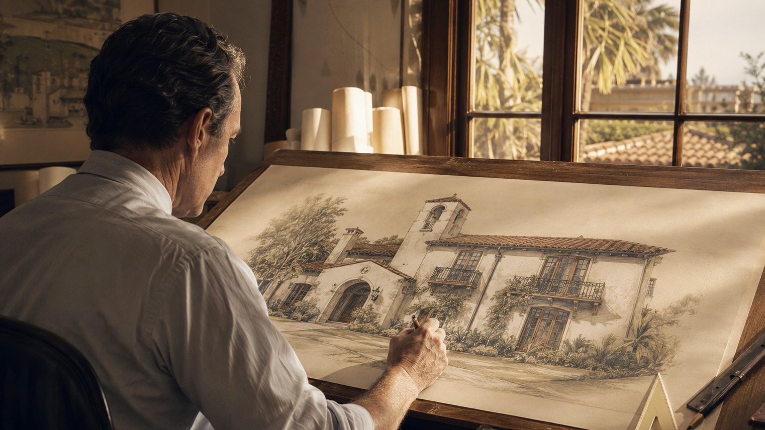 Architect at a drafting table in a Pasadena studio, drawing a Spanish Colonial Revival estate elevation.