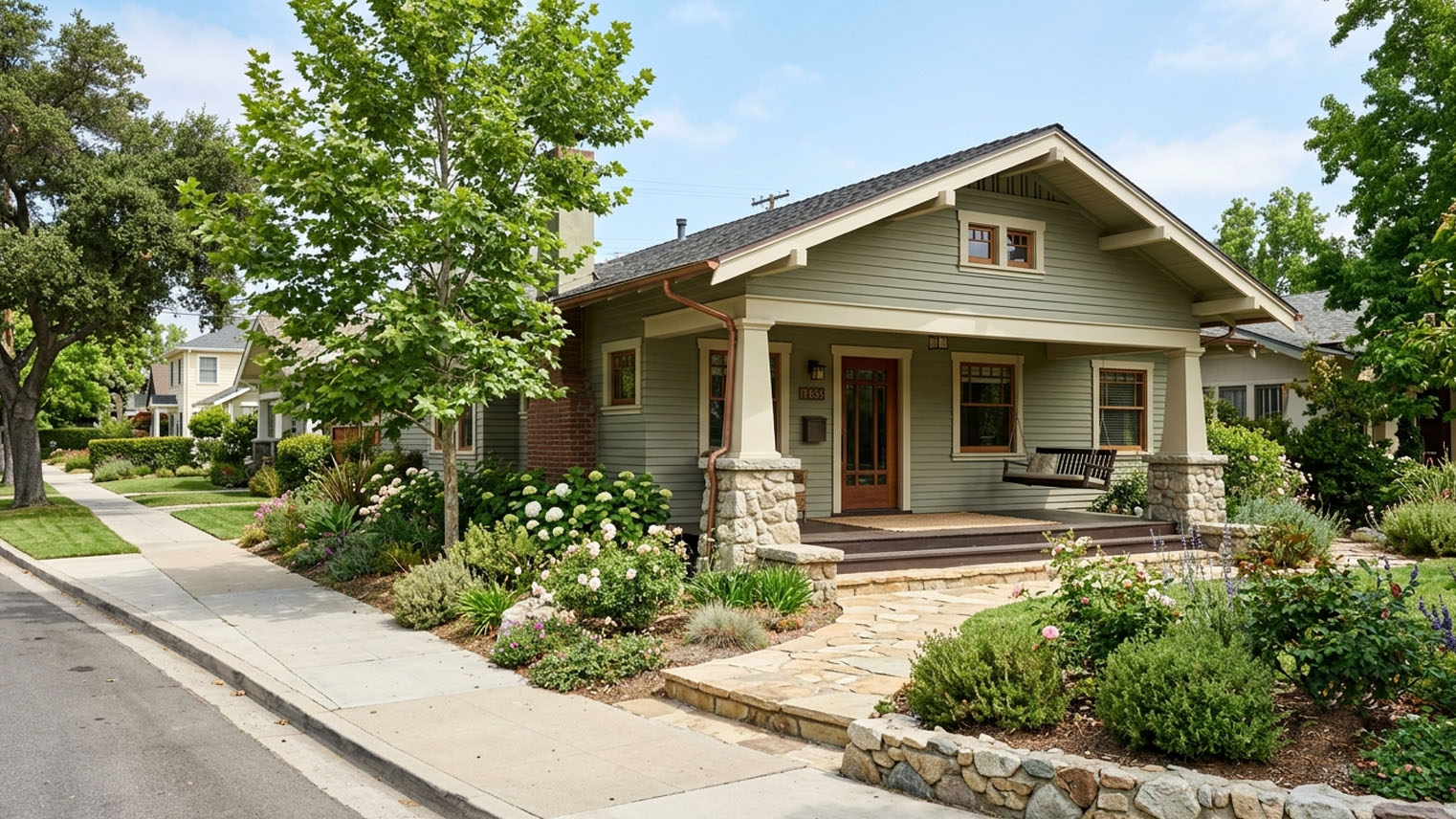 Craftsman bungalow with front gable, exposed rafter tails, and tapered columns on river rock piers, San Gabriel Valley.