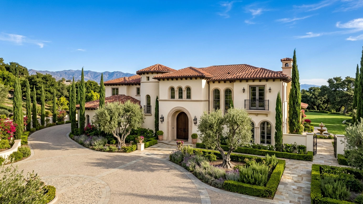Mediterranean Revival villa with cream stucco, red tile hipped roof, and olive trees at the arched entry, San Gabriel Valley.