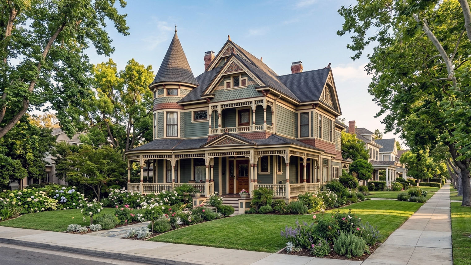 Queen Anne Victorian with corner turret, fish-scale gables, and wraparound spindlework porch, San Gabriel Valley.