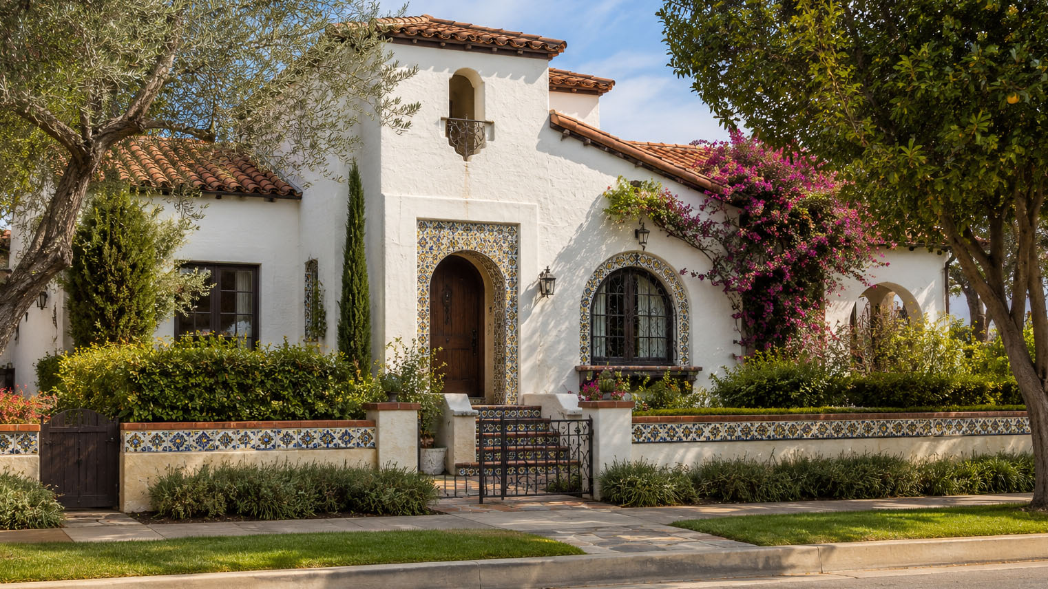 Spanish Colonial Revival home with white stucco, red tile roof, and polychrome tile arched entry, San Gabriel Valley.