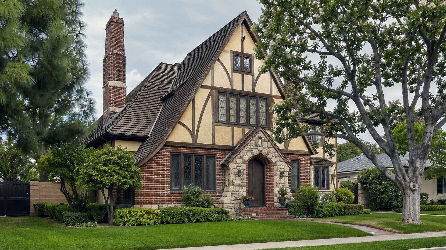 Tudor Revival with half-timbered gable over red brick, cast stone entry, and leaded diamond-pane windows, San Gabriel Valley.