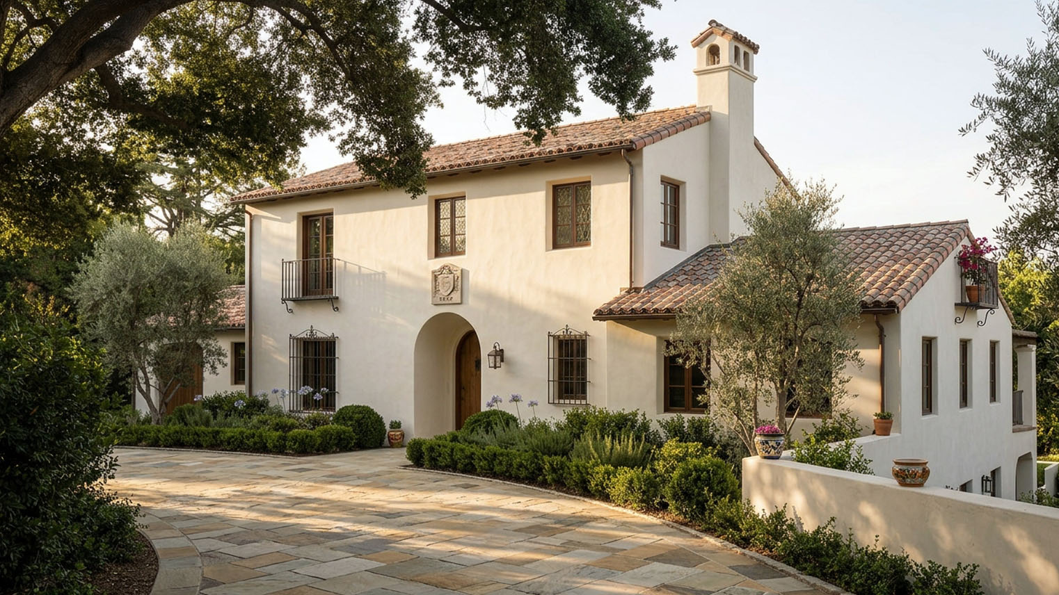 A Spanish Colonial Revival estate in cream stucco under a clay barrel tile roof. AI generated image by Greg Anderson.