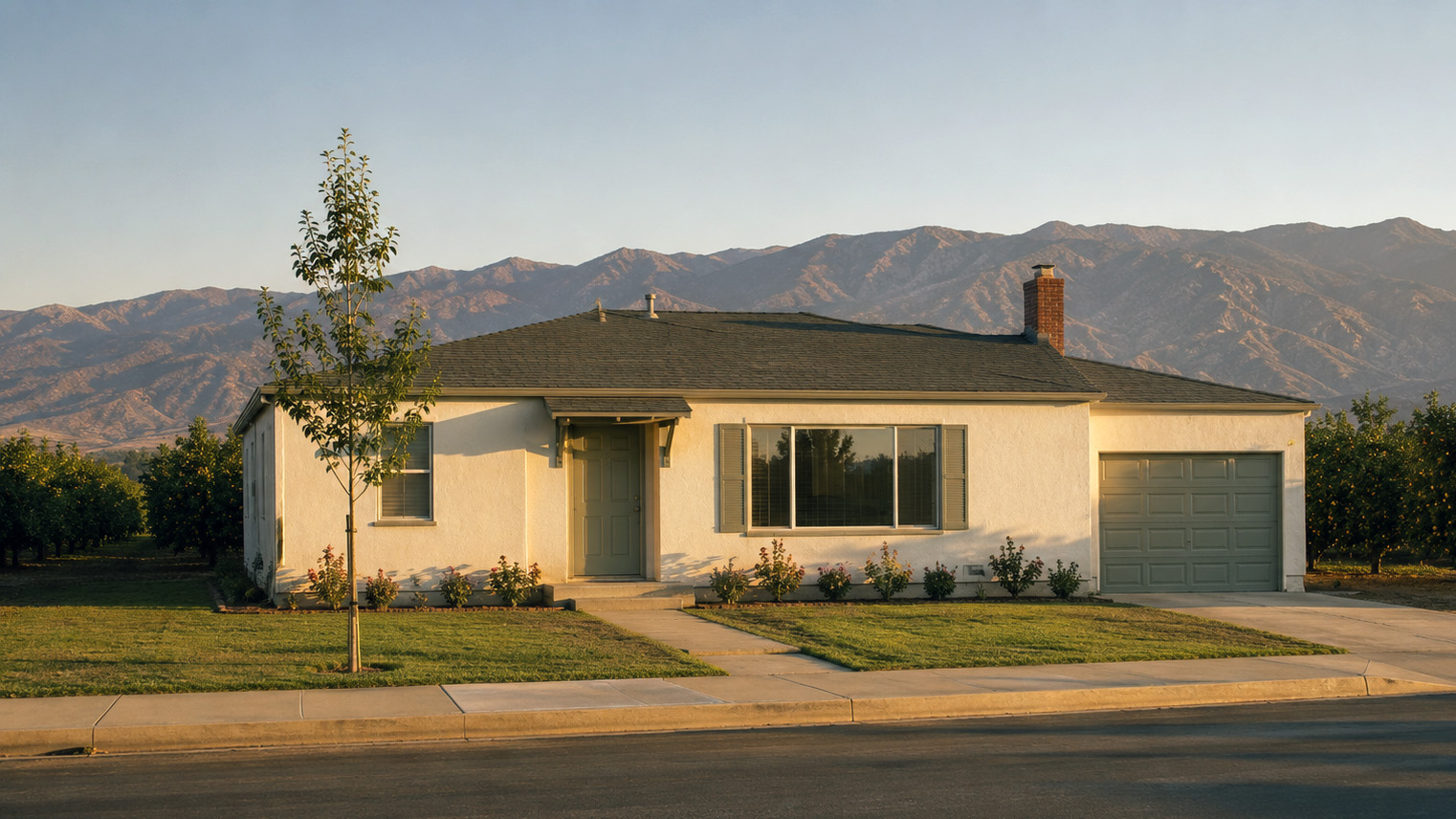 Cream stucco postwar house in West Covina, picture window and single car garage, orchard rows still at the lot's edge.